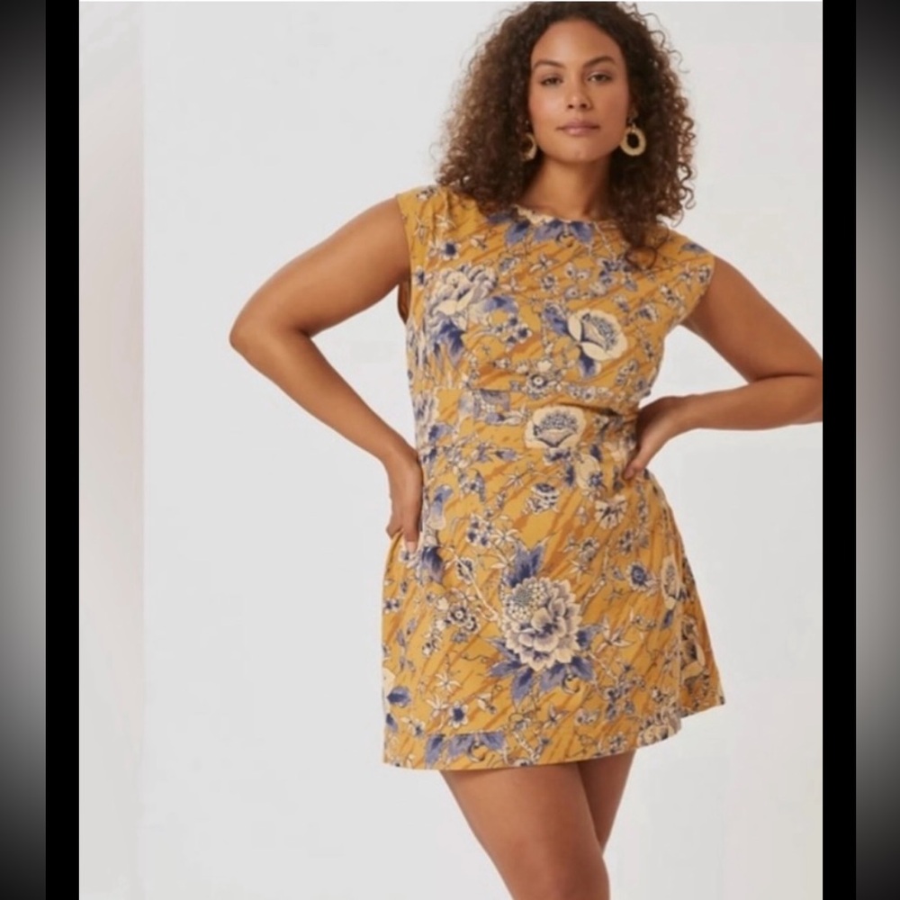 ANTHROPOLOGIE Tie Back Dress Boho Cap Sleeves Gold Blue Open Back Mini Plus 22W - Picture 3 of 12